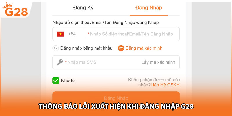 Thông báo lỗi xuất hiện khi đăng nhập G28